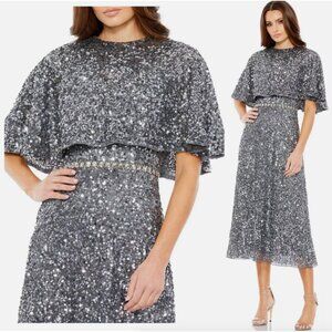 MAC DUGGAL 5577 EMBELLISHED CAPE SLEEVE HIGH NECK MIDI CHARCOAL DRESS sz 14